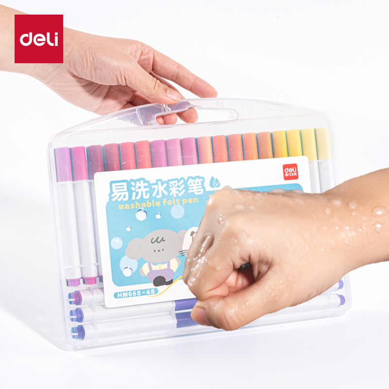 得力HM668-24_PP盒裝三角桿易洗水彩筆(混)(24色/盒)